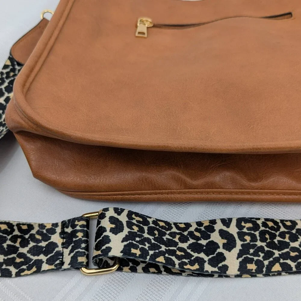 Leather crossbody Hobo style handbag - adjustable leopard print shoulder strap
